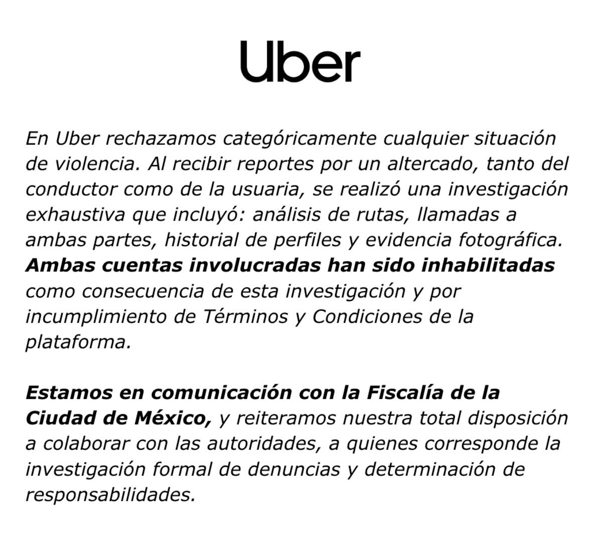 Uber comparte comunicado al respecto.
