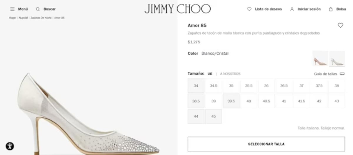 Costo de los tacones Jimmy Choo que Lupita Villalobos lució en su boda. | (Captura de pantalla: jimmychoo.com