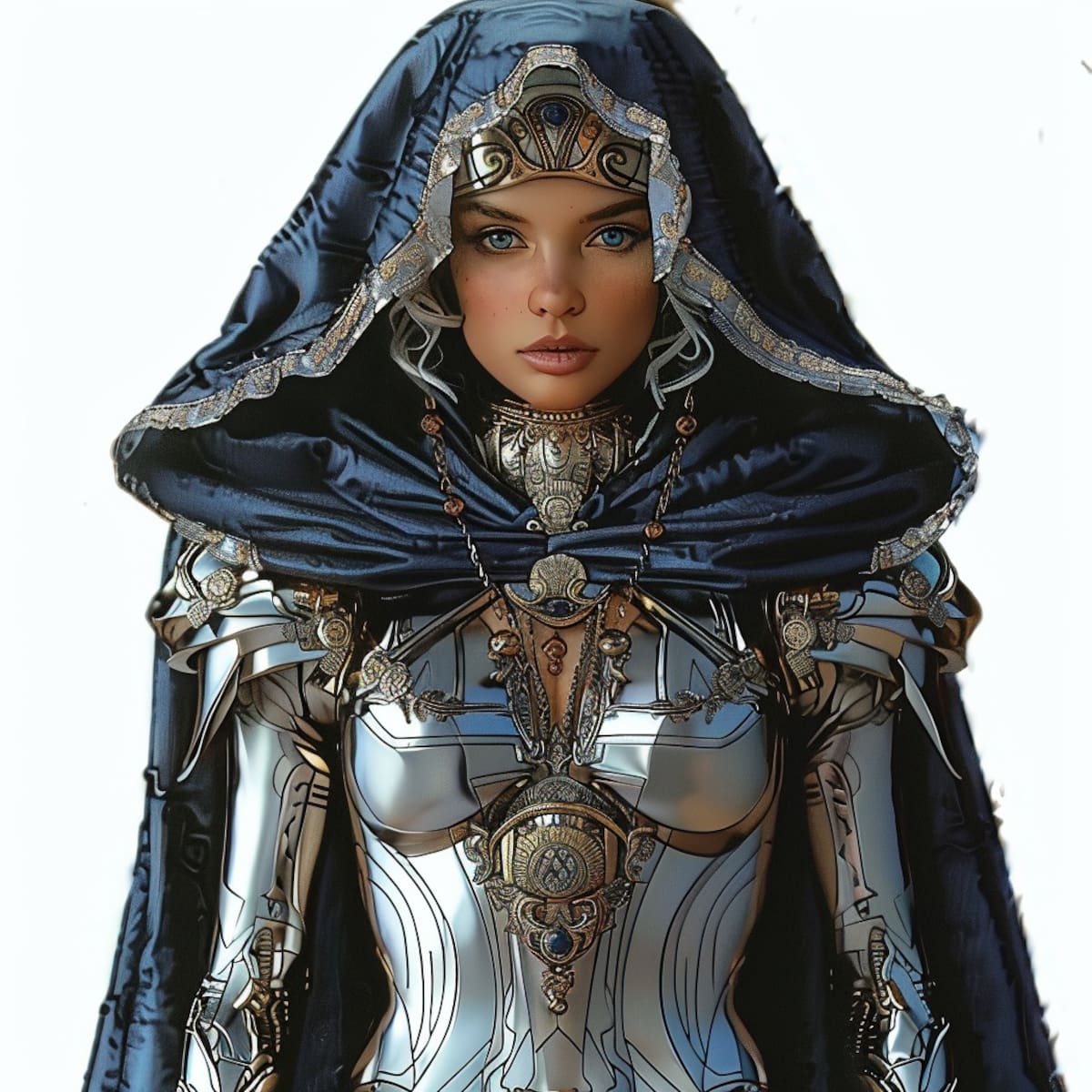 La Emperatriz Lilandra Neramani, como nunca antes la habías visto: la inteligencia artificial le otorga un aura de fuerza y gracia con su esbelta figura y cabello blanco deslumbrante.