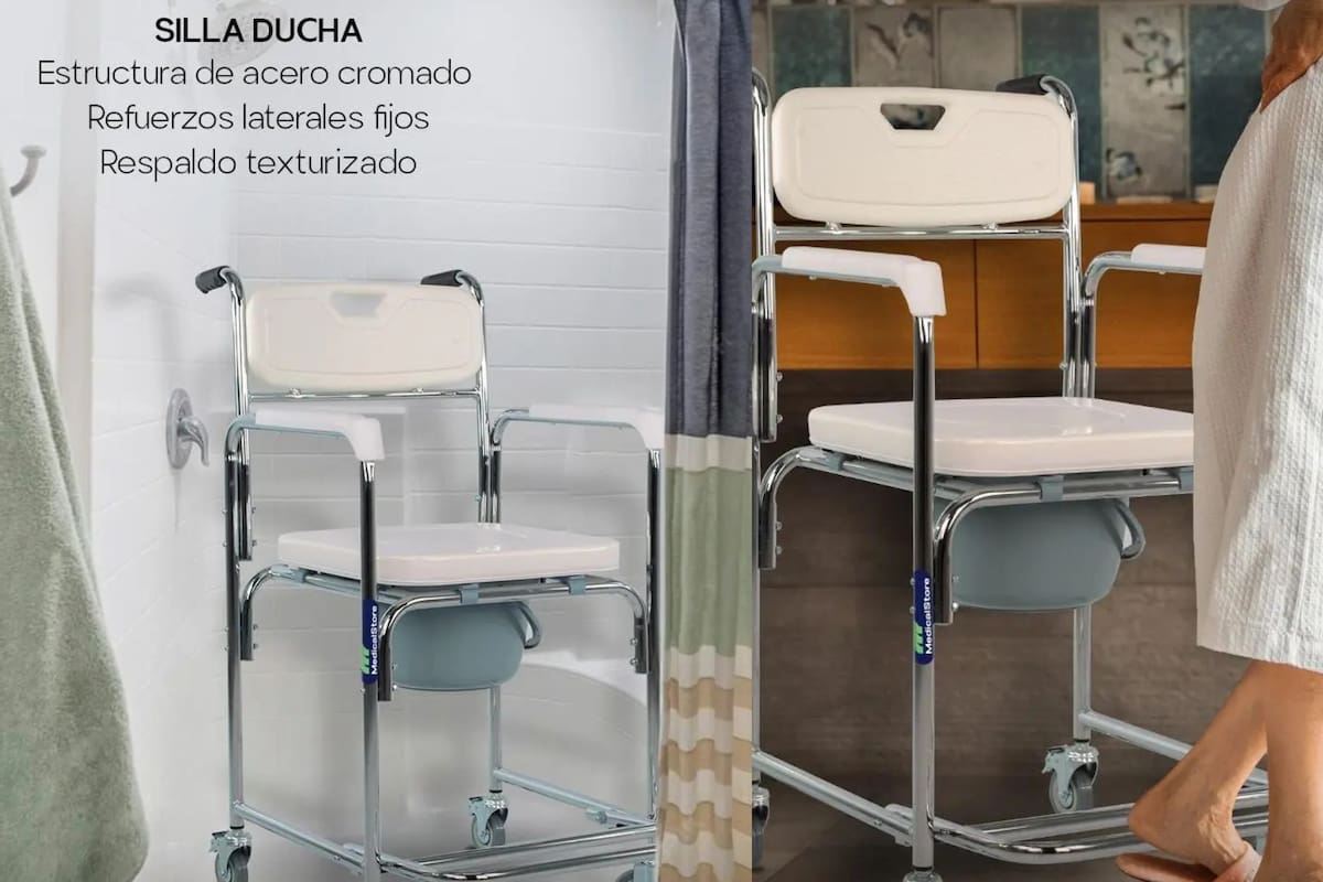 Mercado Libre rebaja 57% la silla cómodo ducha 3 en 1 de Medical Store, ofreciendo una opción accesible de acero cromado que facilita el baño seguro de adultos mayores