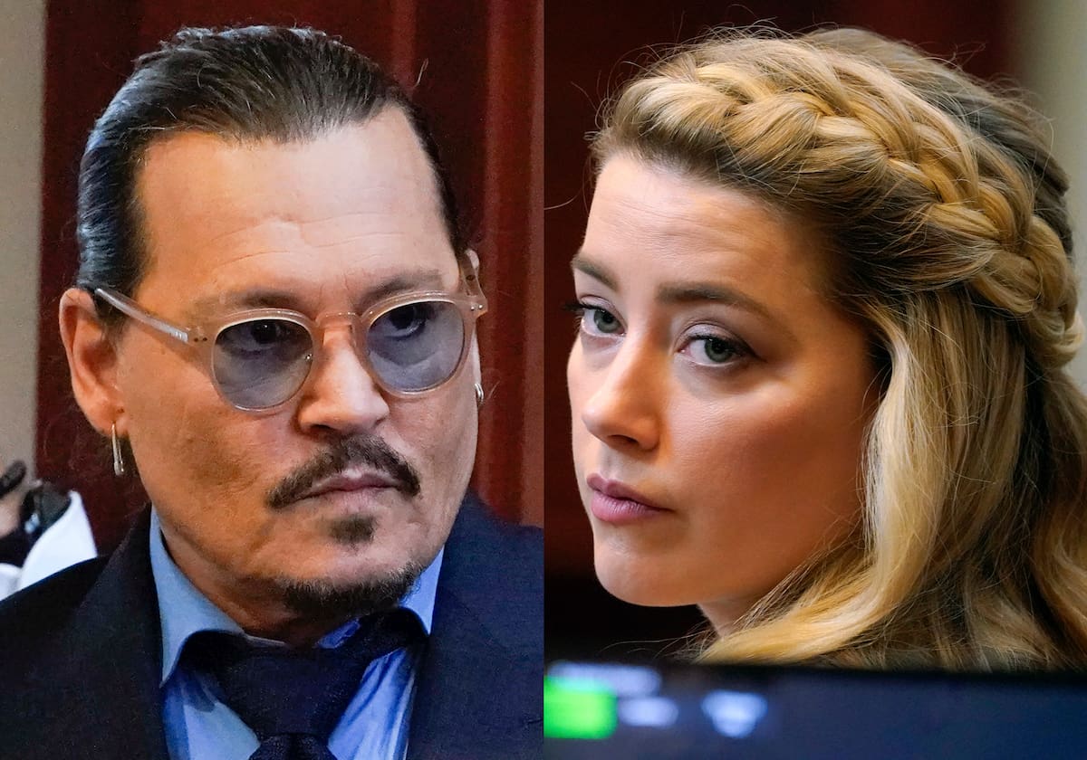 En esta combinación de fotos, el actor Johnny Depp, izquierda, y Amber Heard durante la presentación de argumentos finales del juicio de la demanda por difamación de Depp contra Heard en la Corte de Circuito del Condado de Fairfax, en Fairfax, Virginia, el 27 de mayo de 2022. Depp demandó a Heard por un artículo de opinión publicado en diciembre de 2018 en el Washington Post en el que la actriz se describió a sí misma como “una figura pública que representa el abuso doméstico”. (Foto AP/Steve Helber, Pool)