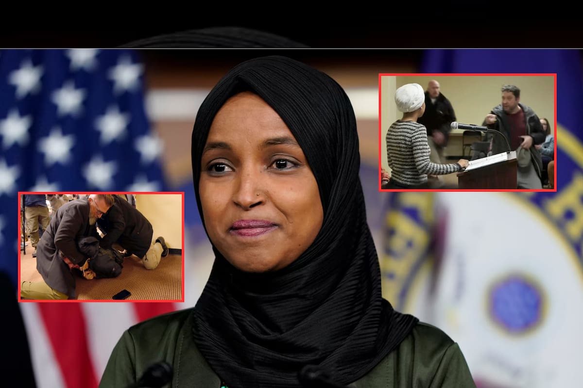 Hombre rocía con sustancia desconocida a Ilhan Omar, congresista demócrata y crítica de Trump, durante foro público en Minneapolis