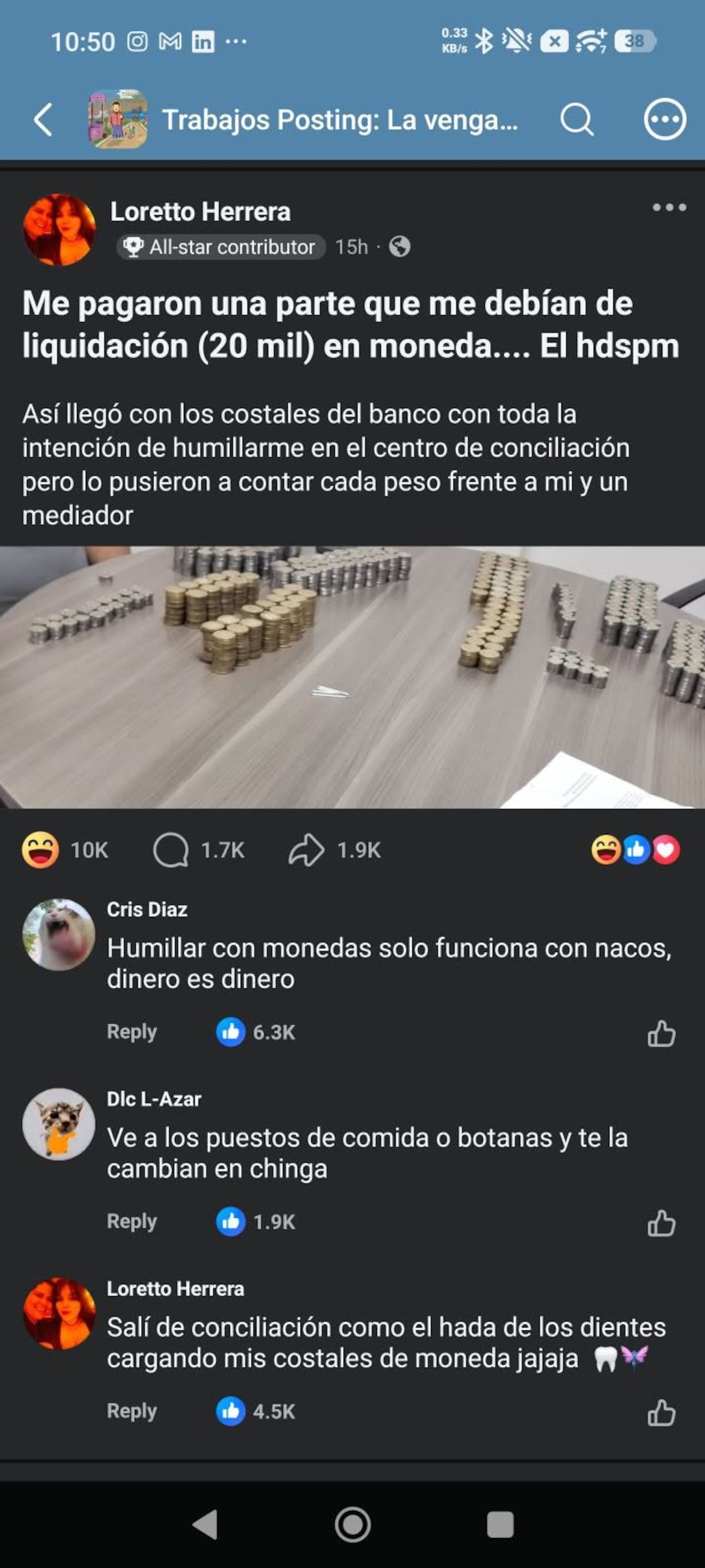 El joven compartió imágenes en el grupo de Facebook Trabajos Posting sobre cómo la empresa que lo liquidó le pagó 20 mil pesos en monedas de 5 y 10 pesos.
