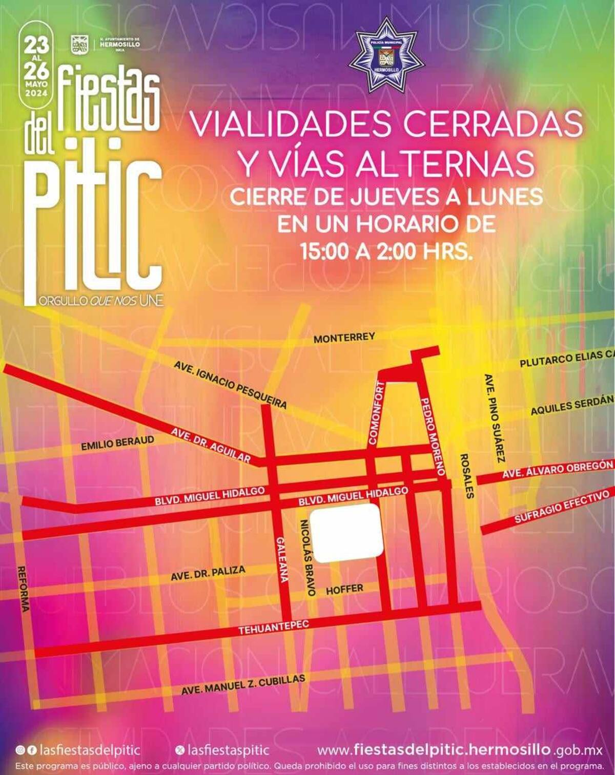 Mapa de las vías cerradas por las Fiestas del Pitic 2024.
