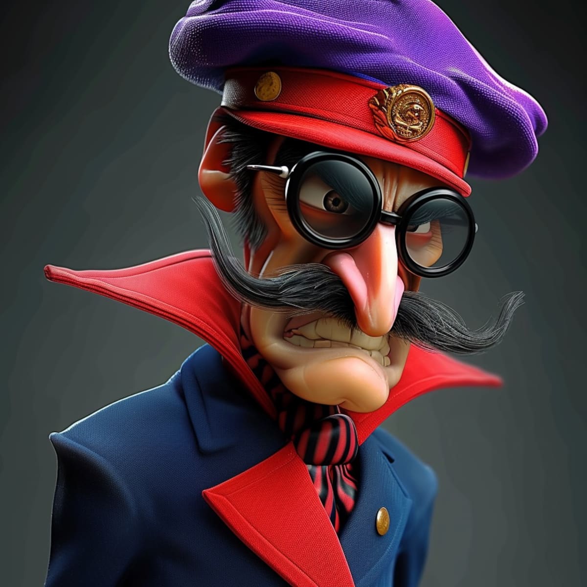 La IA recrea a Pierre Nodoyuna con un toque de malicia, dotándolo de un largo bigote y ropas moradas, capturando su esencia de villano de ficción.