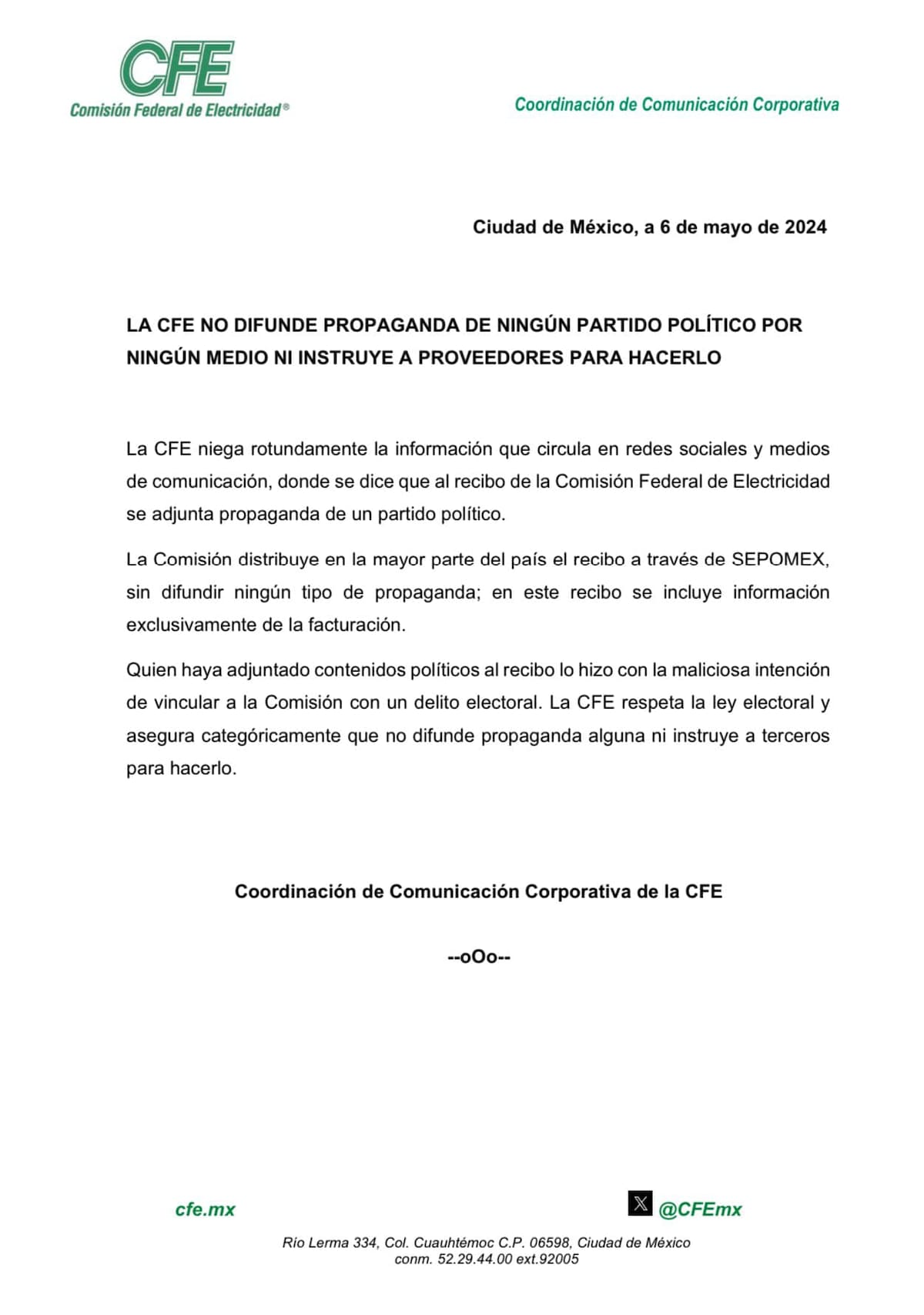 Comunicado de la CFE
