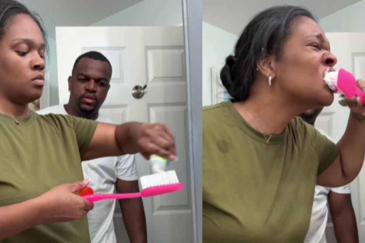 “Incluso le trajo uno a su esposo”: mujer le juega una broma lavándose los dientes con un cepillo gigante