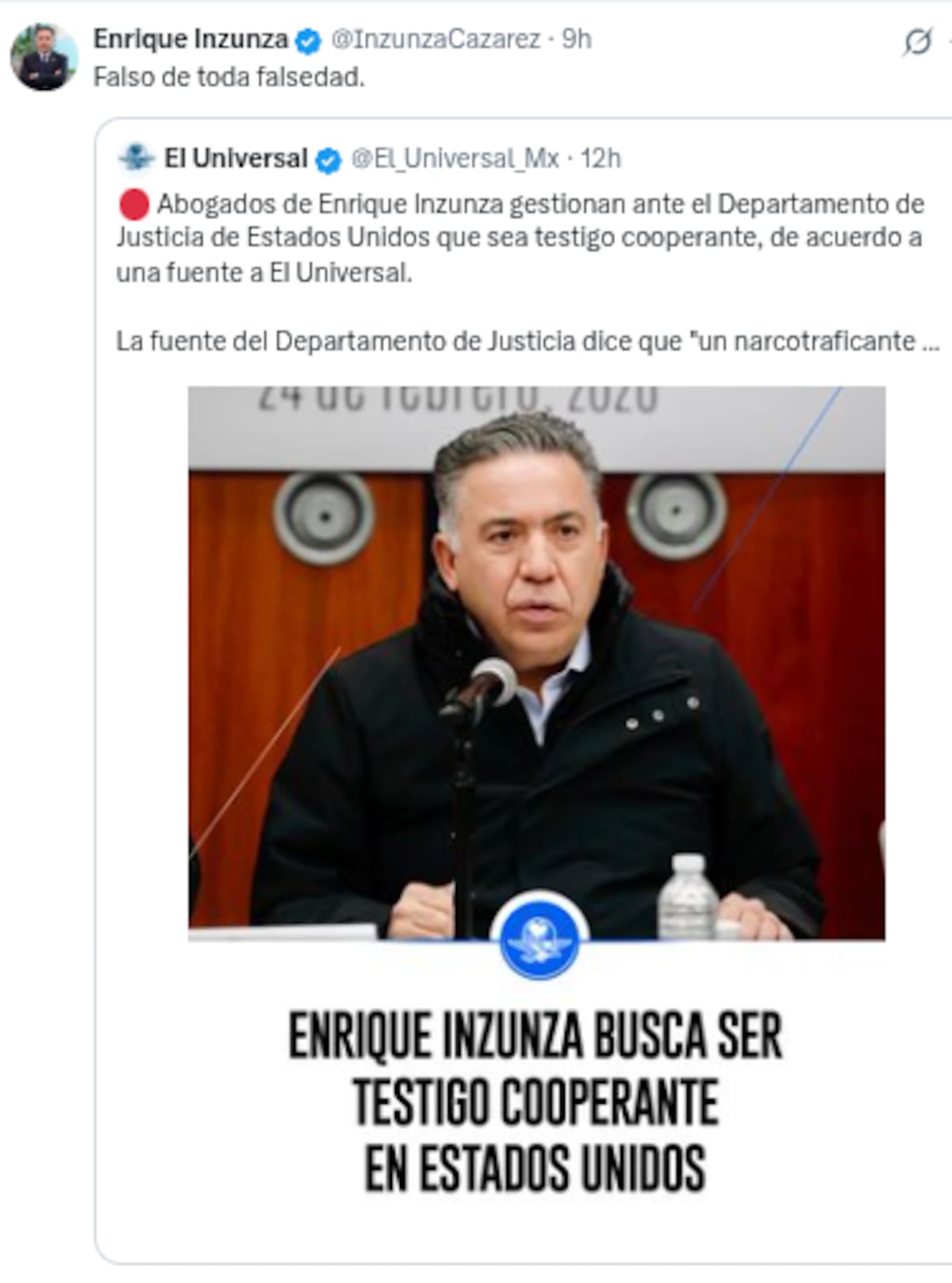 Enrique Inzunza desmiente versión sobre supuesto acercamiento con EEUU para ser testigo cooperante. | Captura de pantalla