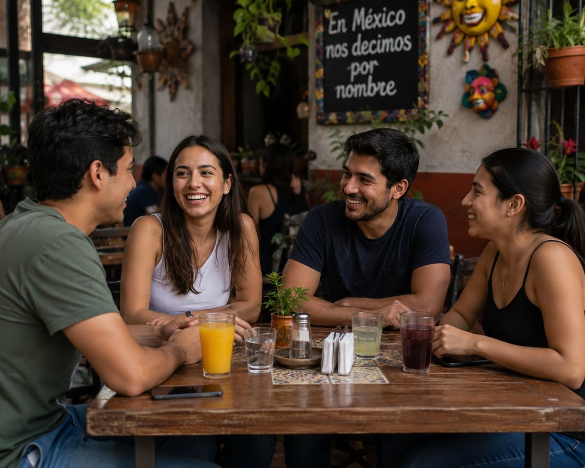 Personas en México interactuando de manera cercana en un café, llamándose por sus nombres de pila, mostrando familiaridad y cercanía cultural. | Imagen hecha con ChatGPT
