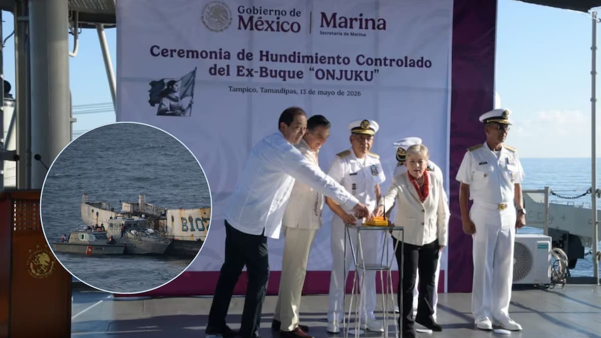 El exbuque Onjuku descendió al fondo del mar en Tamaulipas para iniciar su etapa como arrecife artificial y refugio de biodiversidad. (X: SEMARNAT_mx)