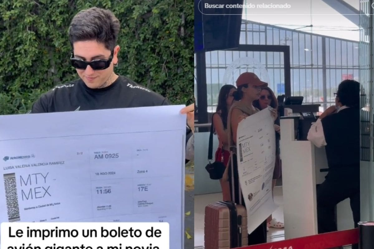 Influencer le imprime boleto gigante de avión a su novia y no la dejan subirse