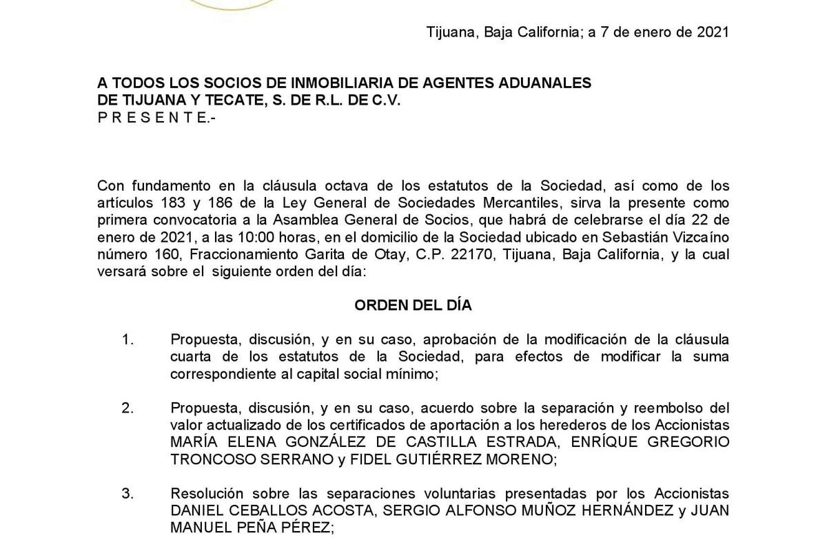 Convocatoria a Asamblea de Socios de Inmobiliaria de Agentes Aduanales