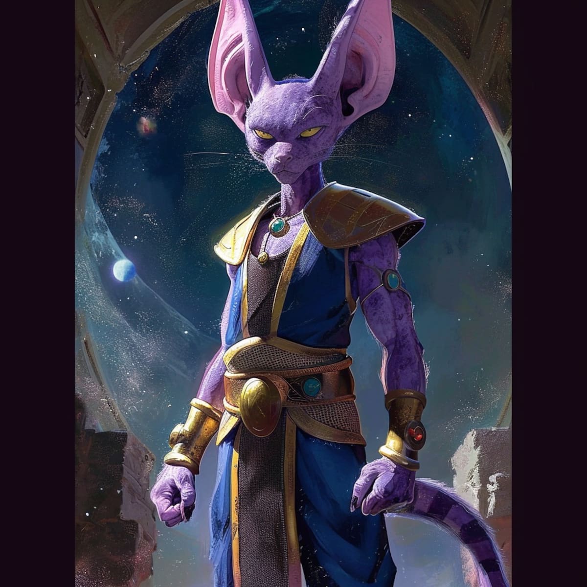Descubre la versión realista de Beerus, el temido Dios de la Destrucción, en una visión única generada por la inteligencia artificial.