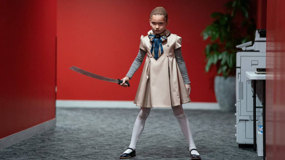 Amie Donald on the set of M3gan, directed by Gerard Johnstone.