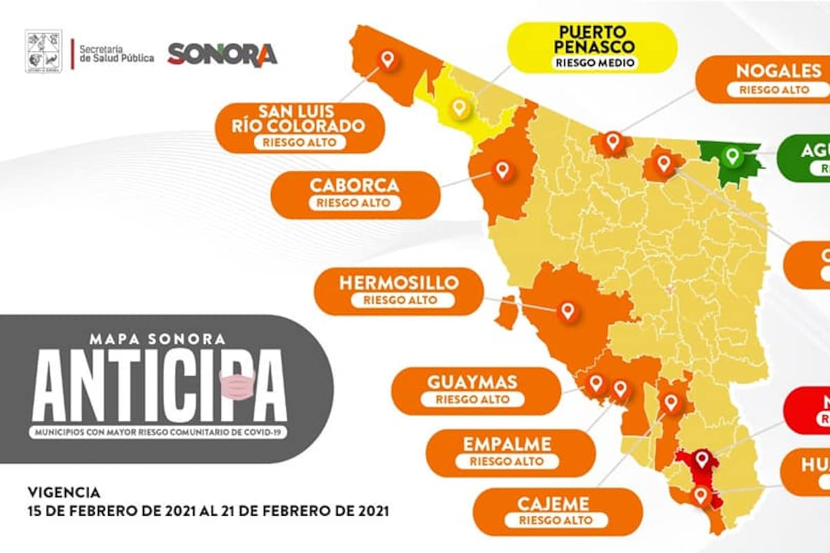 Mapa Sonora Anticipa regirá al Estado; Navojoa está en riesgo máximo y Hermosillo en riesgo alto