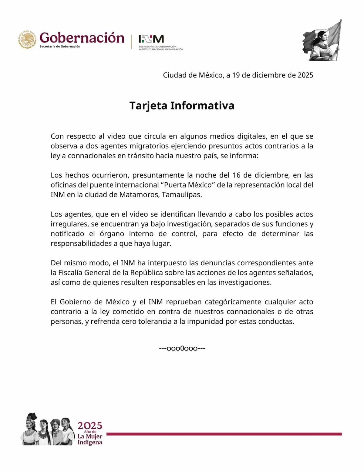 Tras la difusión del video, el Instituto Nacional de Migración emitió una tarjeta informativa fechada el 19 de diciembre de 2025.