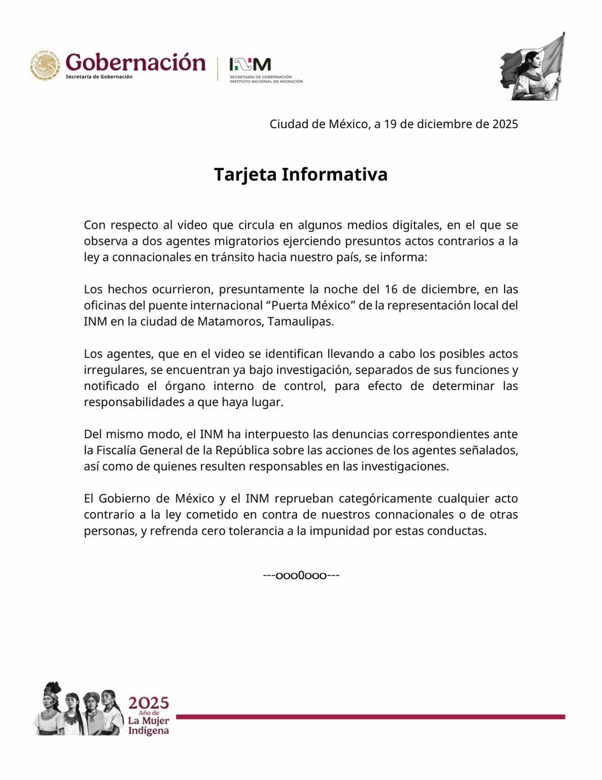 Tras la difusión del video, el Instituto Nacional de Migración emitió una tarjeta informativa fechada el 19 de diciembre de 2025.
