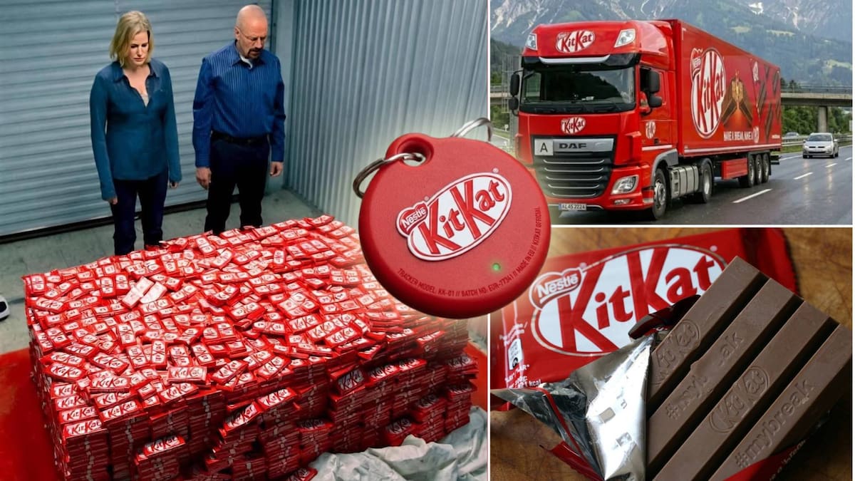 KitKat lanza rastreador de chocolates tras reportar robo de 12 toneladas de sus productos. | Nestlé e Imagen hecha con IA