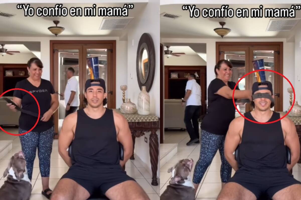 Joven hace el reto de la confianza ciega con su madre y termina golpeado con el cinto en los ojos