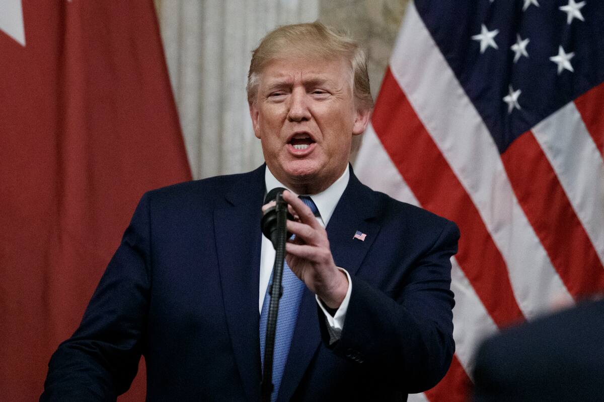 El presidente Donald Trump habla durante una cena en honor del emir de Qatar, jeque Tamim bin Hamad Al Thani, en el Departamento del Tesoro en Washington, el lunes 8 de julio de 2019. (AP Foto/Carolyn Kaster)