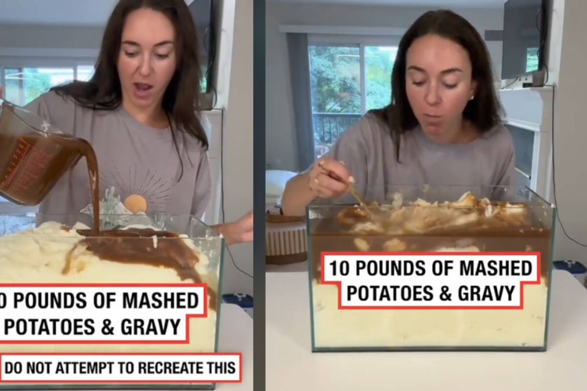 Chica sorprende al comerse un contenedor de casi 5 kilos de puré de papa con gravy
