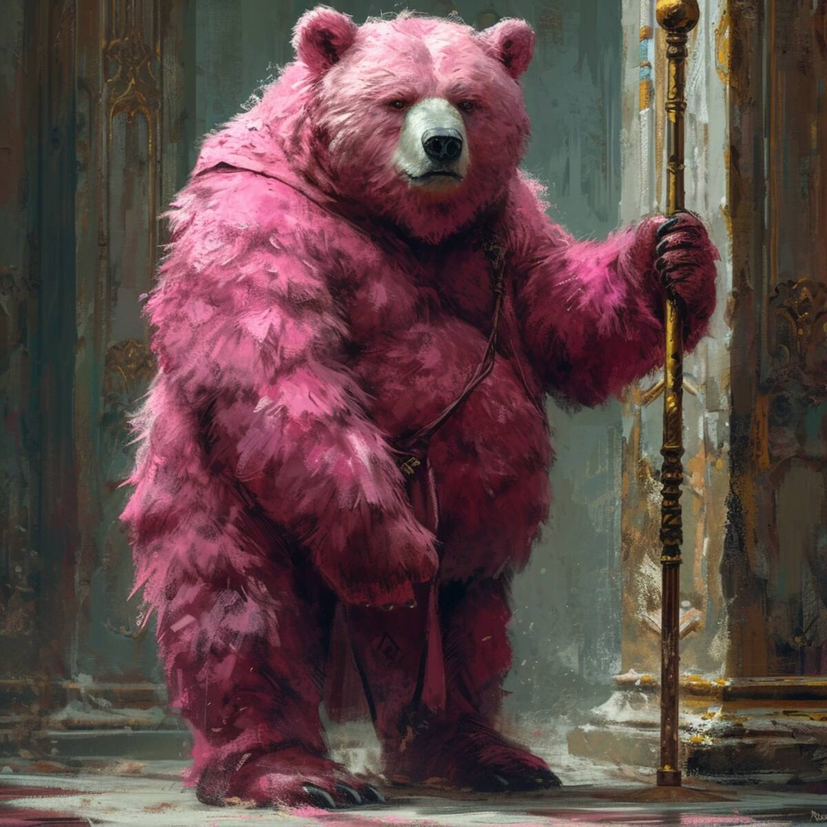 En las representaciones de Lotso creadas por la inteligencia artificial de Midjourney, el oso cariñoso de juguete adquiere una apariencia realista y aterradora. Su color rosa y el uso de un bastón añaden elementos inquietantes a este personaje, revelando la habilidad de la IA para reinterpretar iconos de la cultura popular.