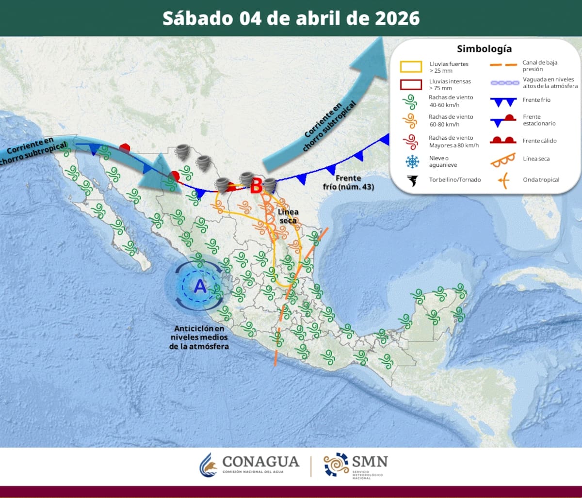 Pronóstico del clima para el sábado 4 de abril del 2026. | Crédito: SMN