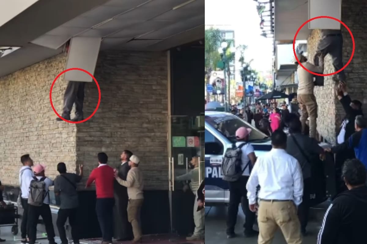 Hombres se vuelven virales al rescatar a un señor que quedó colgando tras colapso en una plaza comercial