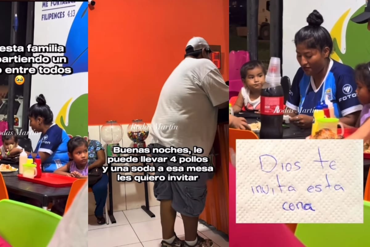 “Dios te invita esta cena”: Hombre ve a una familia con niños compartir un solo pollo, les paga la cena y les deja una nota conmovedora