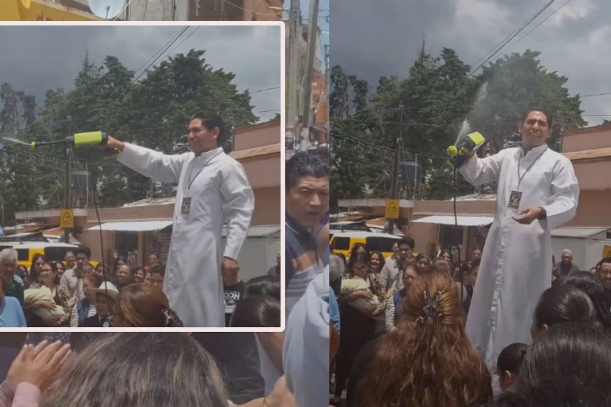 Padre usa hidrolavadora para rociar agua bendita durante fiesta patronal de Santiago Apóstol en Michoacán (VIDEO)