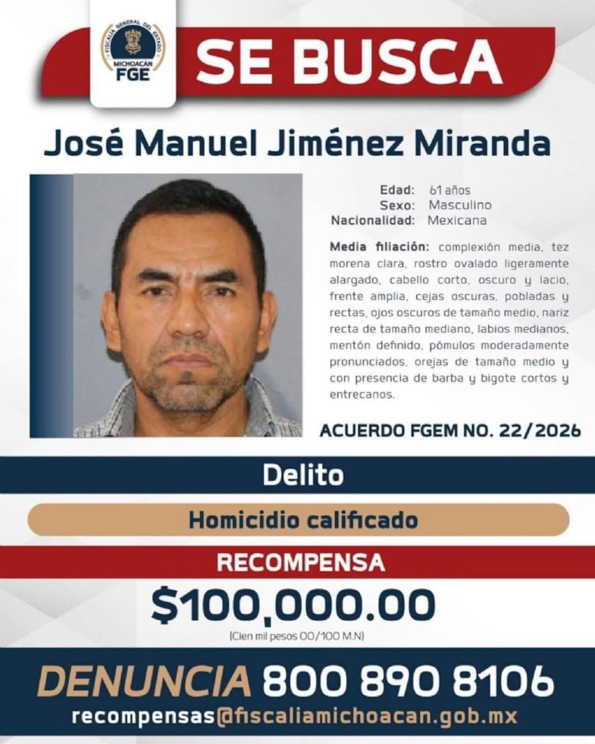 Tras 8 meses prófugo, buscan a “El Coronel Jiménez” y ofrecen recompensa. Foto: Fiscalia
