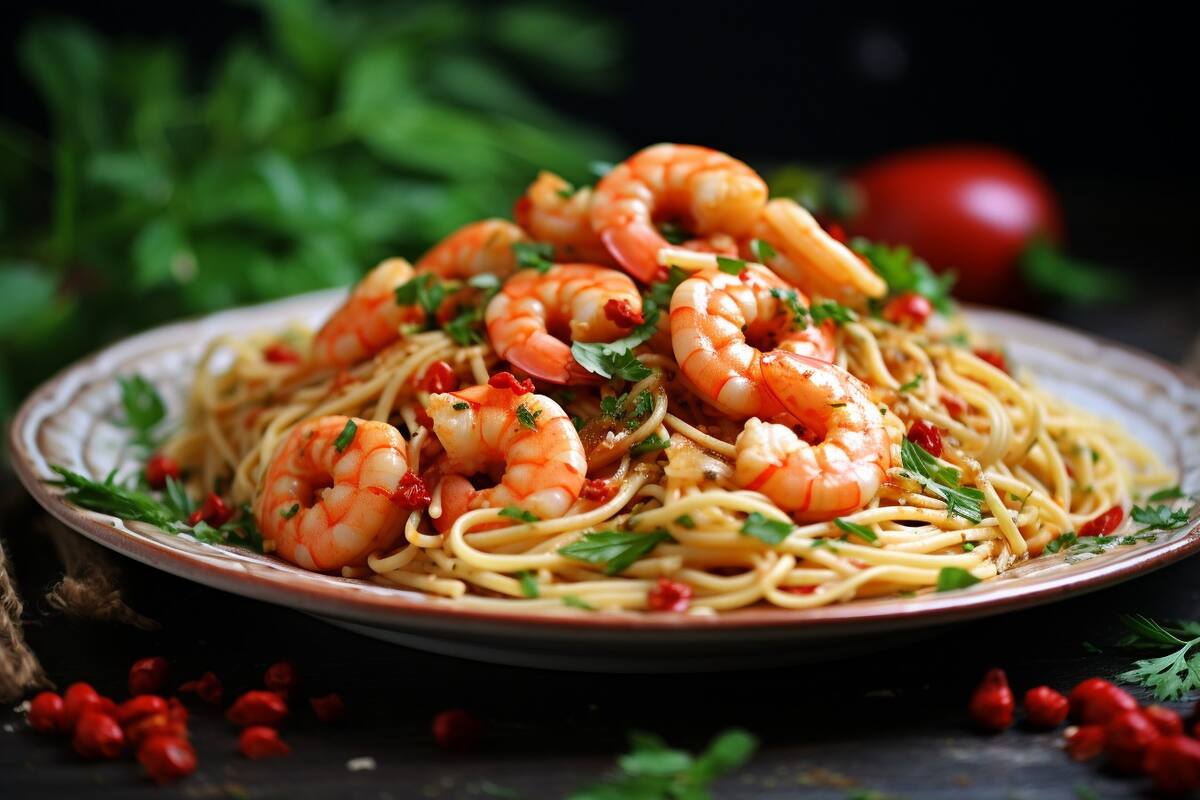 Disfruta en Navidad de un espagueti con camarones, una receta deliciosa y nutritiva. Los camarones y el ajo fortalecen tu salud, mientras el jugo de limón y el aceite de oliva realzan los sabores. Perfecto para una cena especial y equilibrada.
