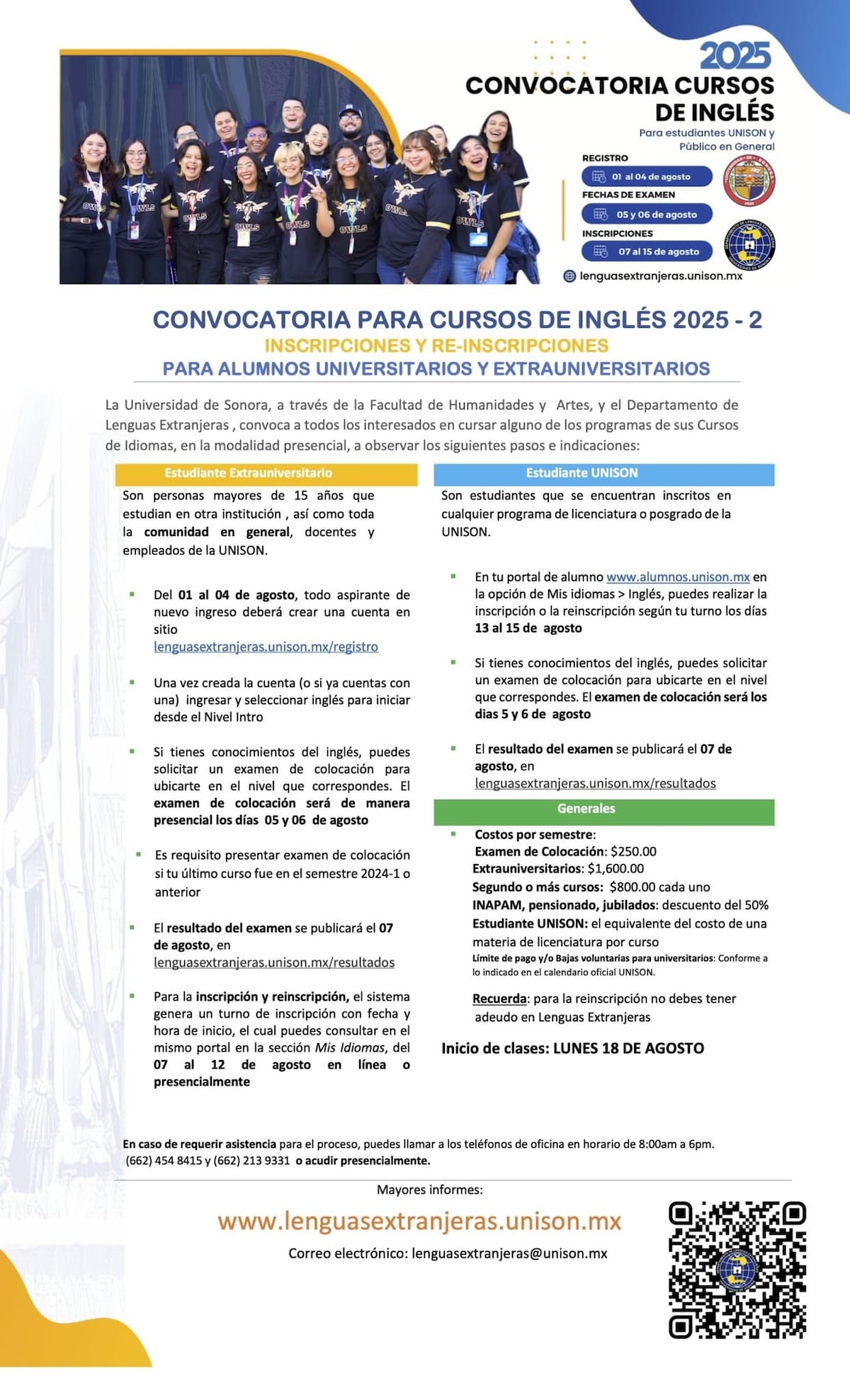 La Universidad de Sonora lanzó la convocatoria para los cursos de inglés 2025-2.