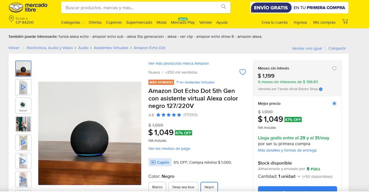 Una oferta de Mercado Libre reduce de 1,999 a 1,049 el precio de Alexa. | Foto: Captura de pantalla