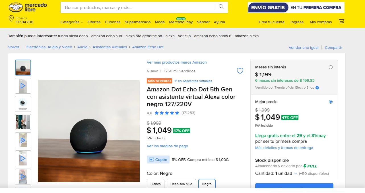 Una oferta de Mercado Libre reduce de 1,999 a 1,049 el precio de Alexa. | Foto: Captura de pantalla