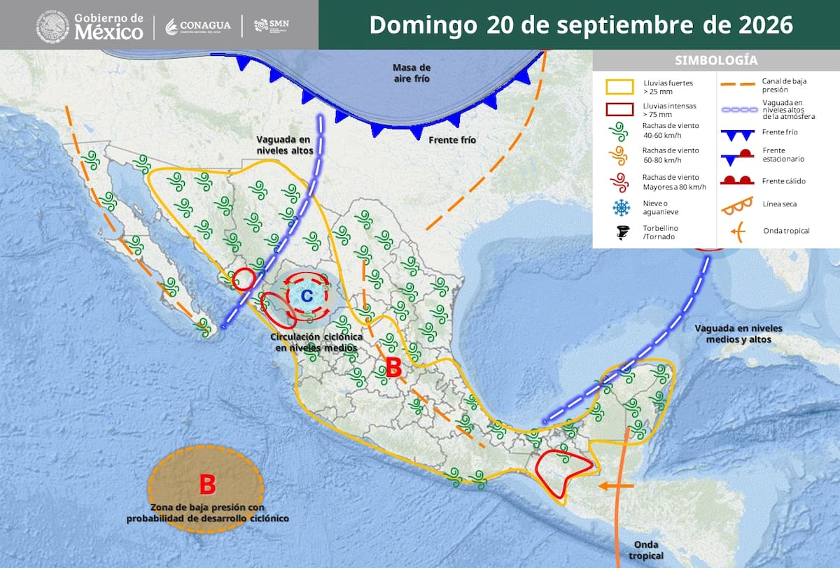 Pronóstico del clima para este domingo 20 de septiembre del 2026. | Crédito: SMN