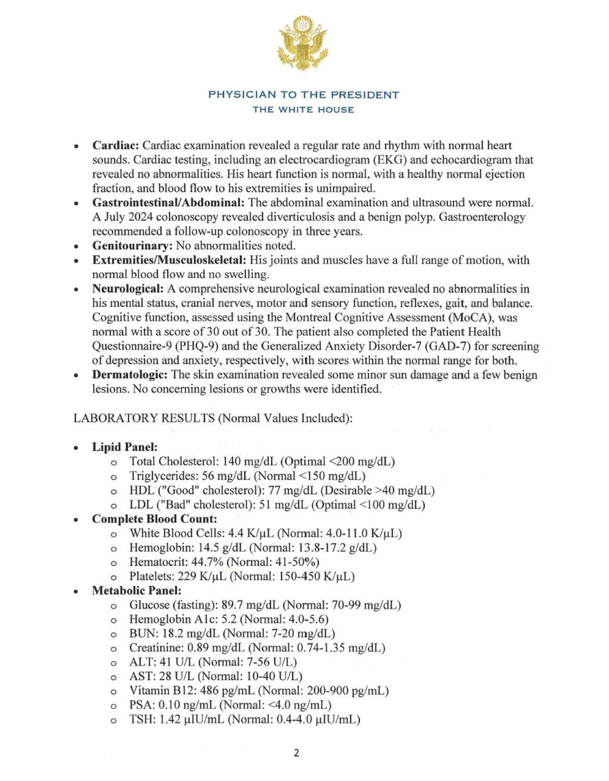 Documento de reporte de salud de Trump. Foto: EEUU