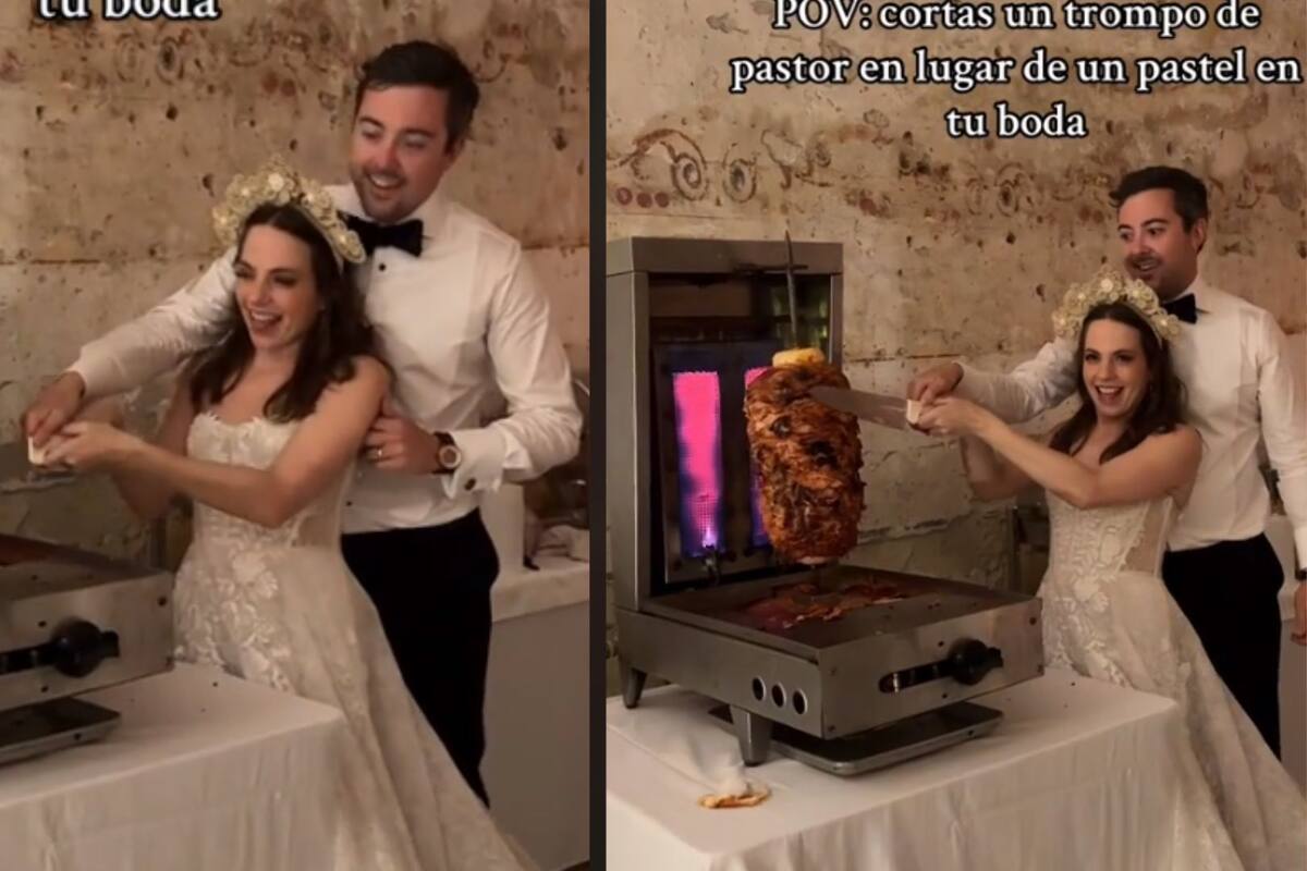 Pareja de novios se vuelven virales en su boda por cortar un trompo de pastor en lugar de un pastel