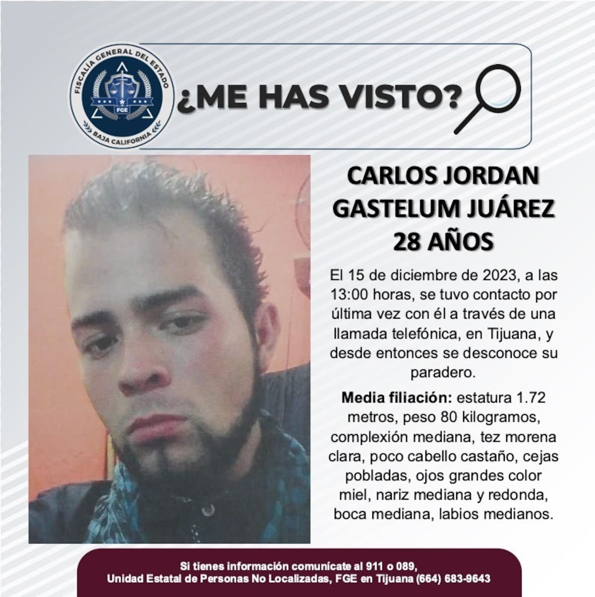 Fue visto por última vez el 15 de diciembre de 2023.