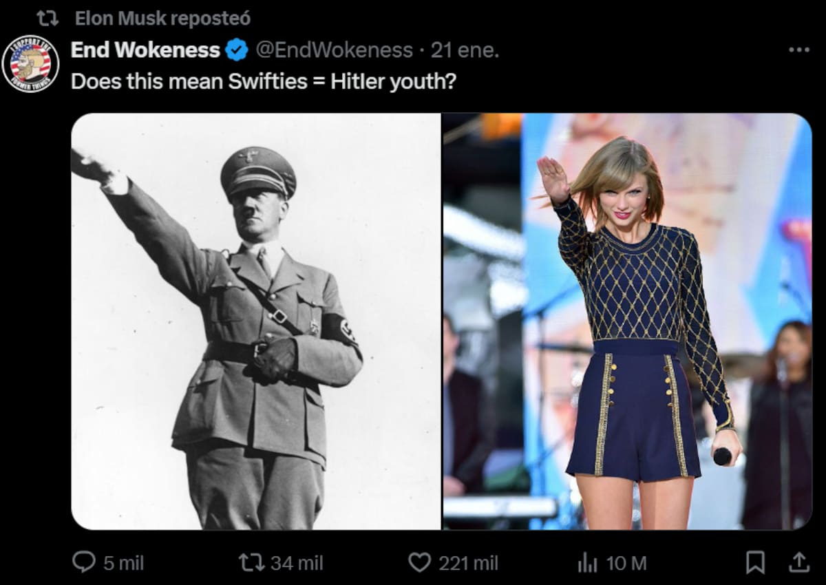 Elon Musk reposteó una publicación comparando a Taylor Swift con Hitler. Captura de Pantalla