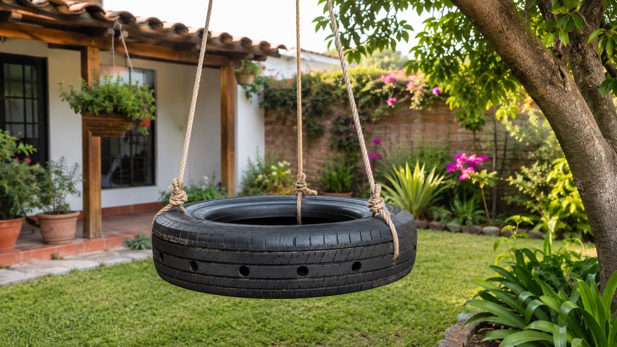 4. Columpio con llanta en jardín
El columpio de llanta es una opción para exteriores, siempre que esté bien instalado, no tenga daños y cuente con drenaje para evitar agua estancada.
