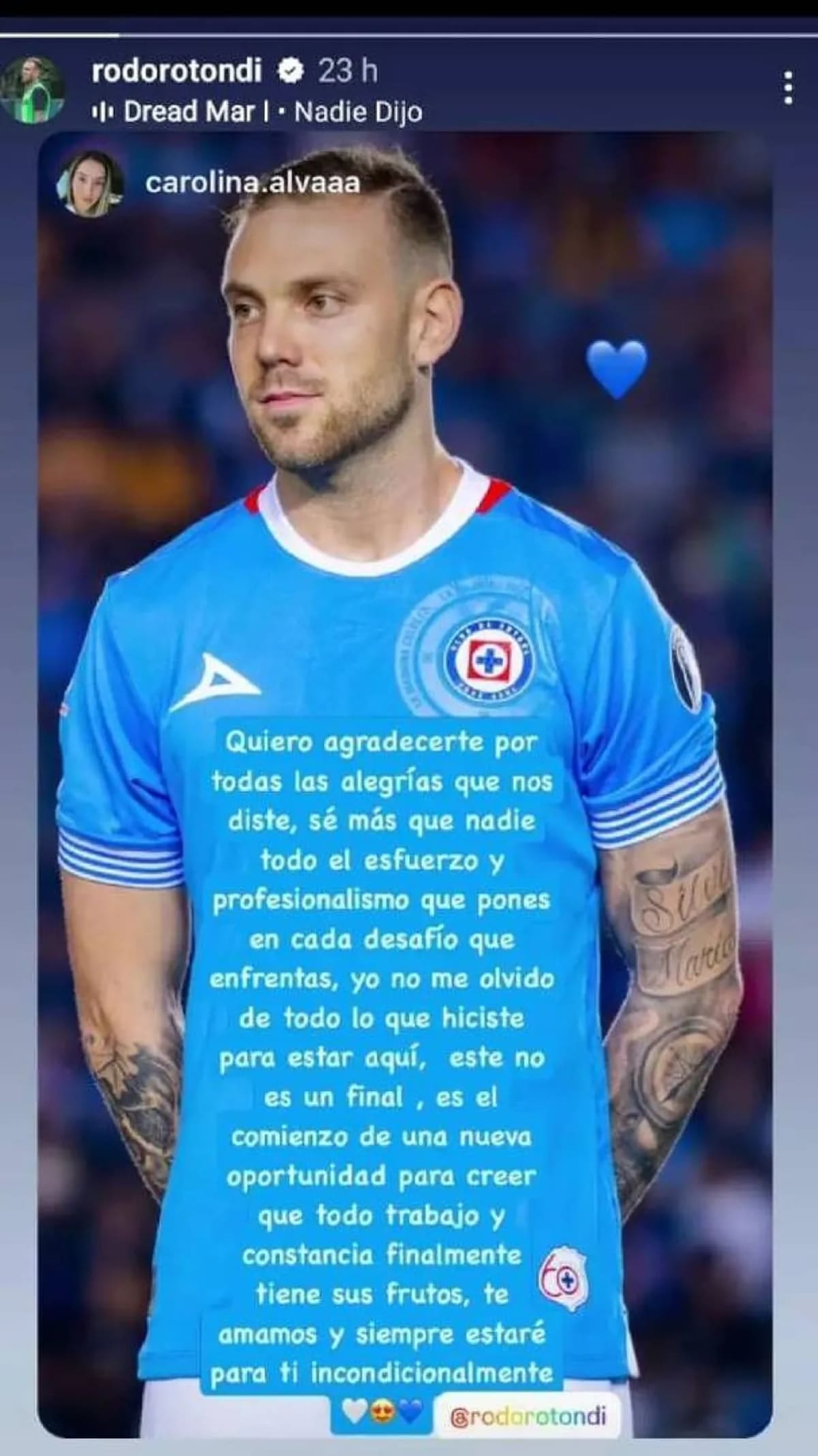 Carolina Alva compartió una historia en Instagram enviando un mensaje de apoyo a su esposo, Rodolfo Rotondi, jugador de Cruz Azul. (Foto: Captura de pantalla)