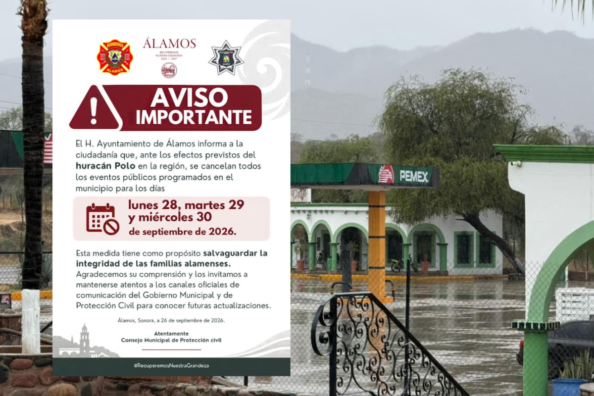 Álamos cancela todos sus eventos públicos durante tres días ante el avance del huracán Polo y los posibles efectos que dejará en Sonora entre el lunes y el miércoles
