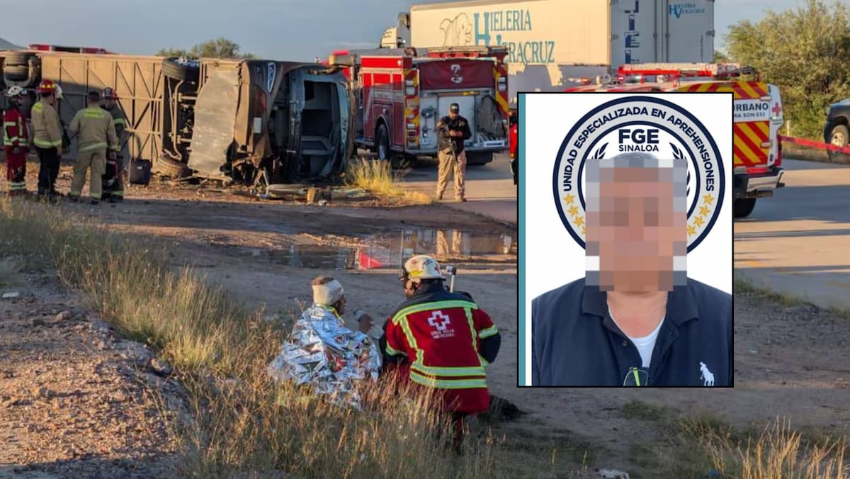 Personal de rescate trabaja en el lugar donde un camión de pasajeros de Tufesa volcó en la carretera federal 15, cerca de Hermosillo. FOTO: JULIÁN ORTEGA
