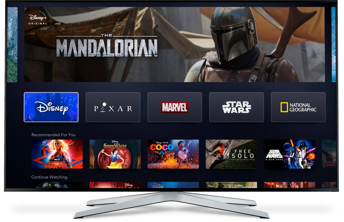 This image provided by Disney shows a product image of Disney Plus on a monitor. Walt Disney shares are rocketing to an all-time high in early trading, Friday, April 12, 2019, after the company moved aggressively into the streaming arena. The Disney Plus video steaming is being released in tandem with a blockbuster lineup of films coming out this year, including Aladdin, Toy Story 4, The Lion King, Frozen 2 and Star Wars: Episode IX. (Disney via AP)