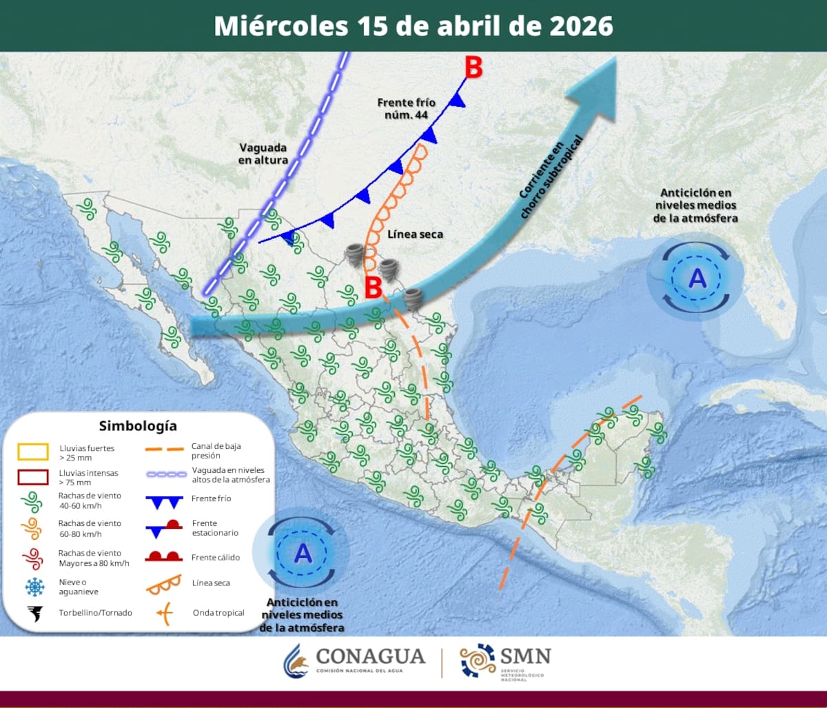 Pronóstico del clima para el miércoles 15 de abril del 2026. | Crédito: SMN