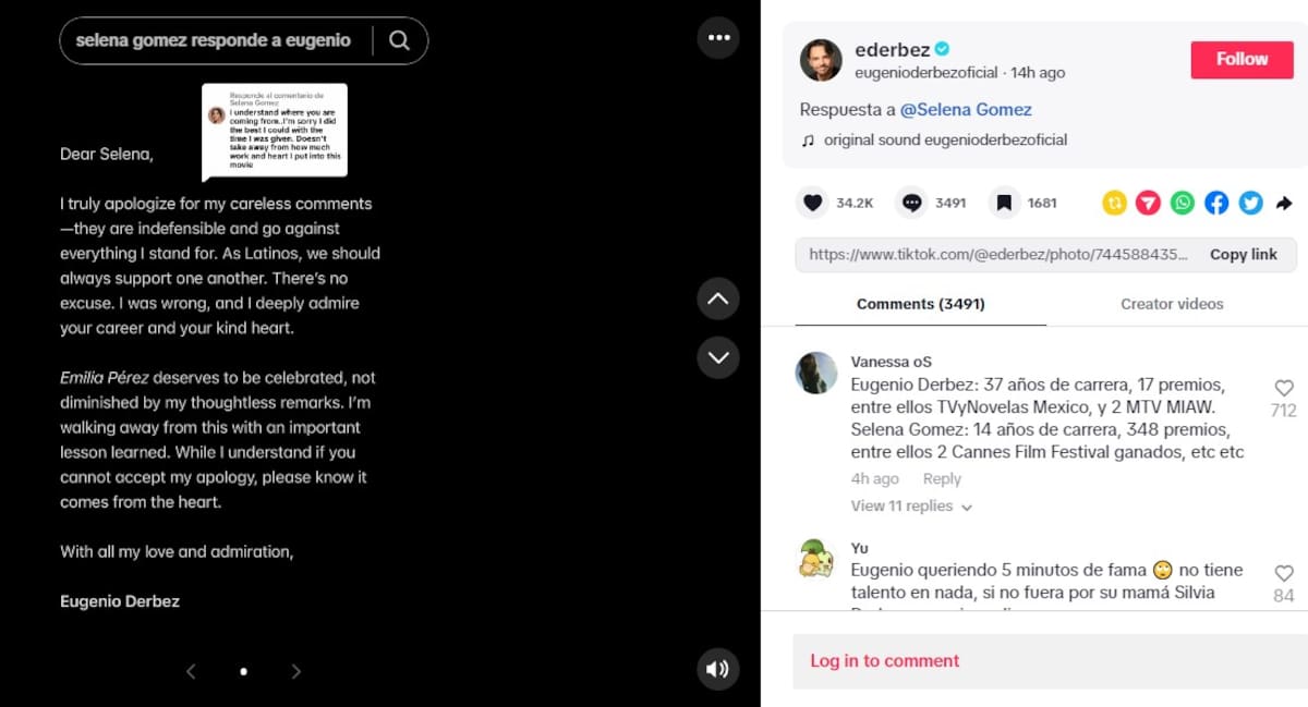 Eugenio Derbez se disculpa con Selena Gomez / Cuenta de TikTok: @ederbez