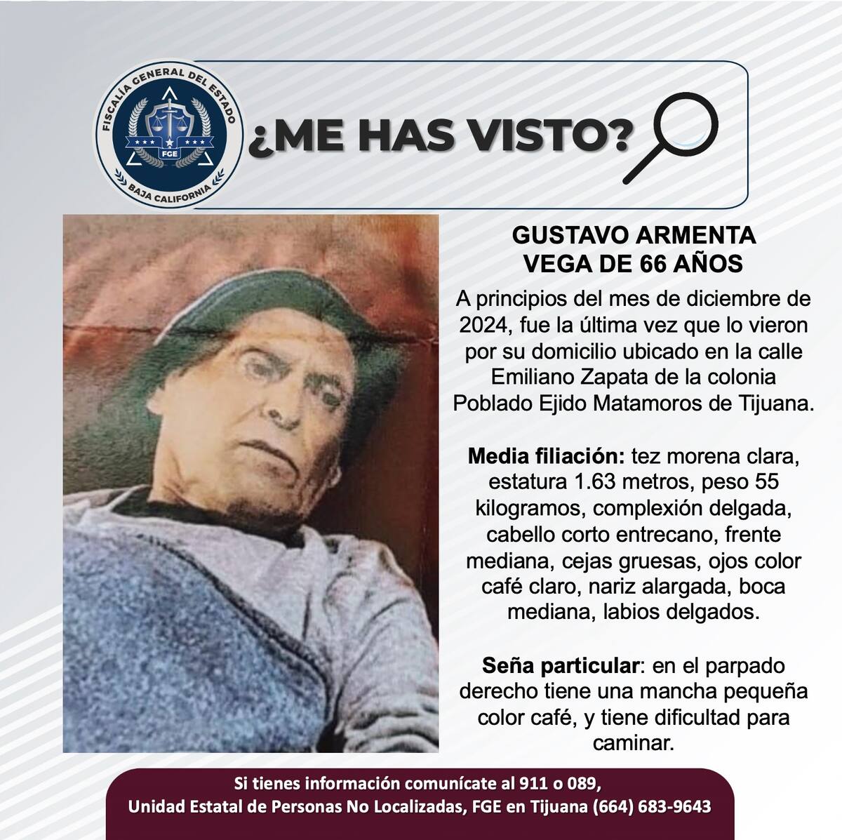 Gustavo Armenta Vega fue visto por última vez a principios del mes de diciembre del 2024.