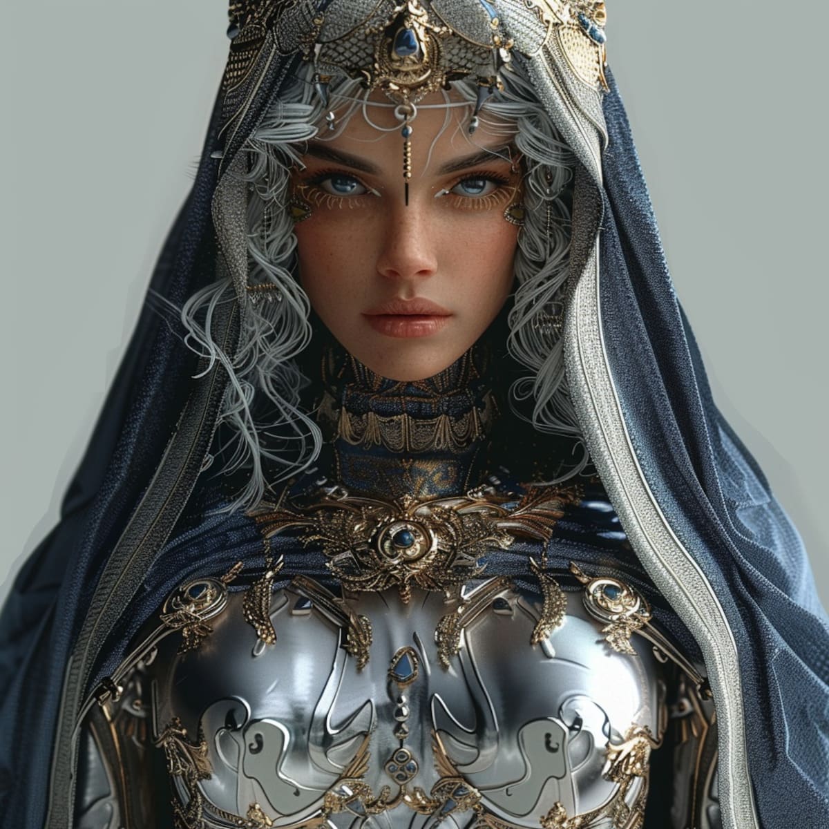 Lilandra Neramani, la Majestrix del Imperio Shi'ar, cobra vida en esta representación visual donde la inteligencia artificial resalta su belleza con cabellos pelirrojos y una imponente armadura plateada.
