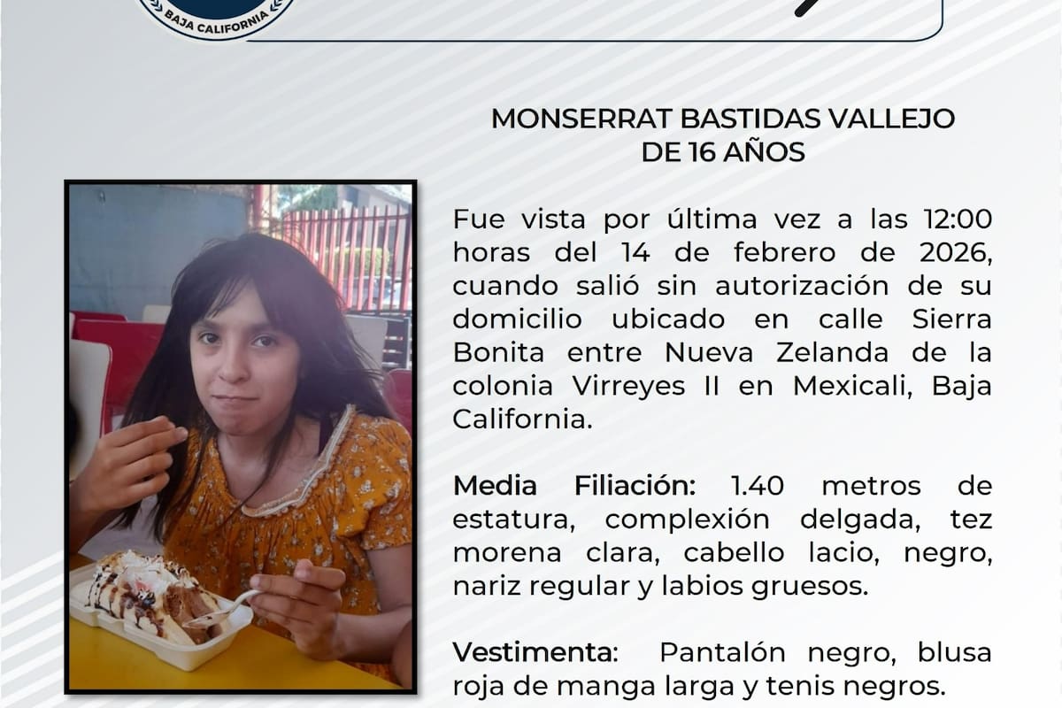 Buscan a Monserrat Bastidas Vallejo, adolescente de 16 años desaparecida en la colonia Virreyes II en Mexicali